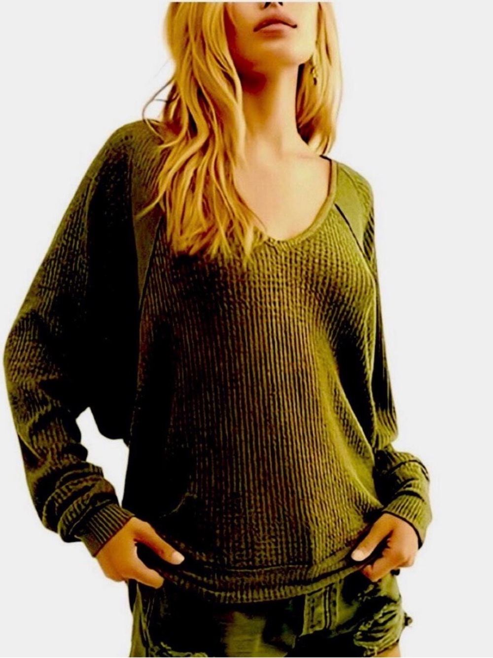 Free people Olive V-Neck Ribbed Knit Women’s Sweater
